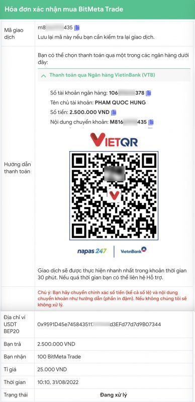 Chi tiết đơn hàng mua BitMeta